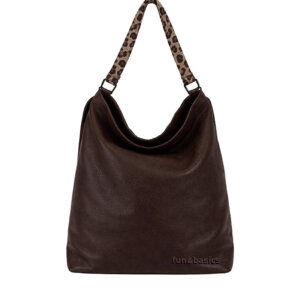 Bolso de hombro marrón con detalles en animal print