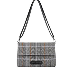 Bolso bandolera en tejido tartán negro, cierre con solapa