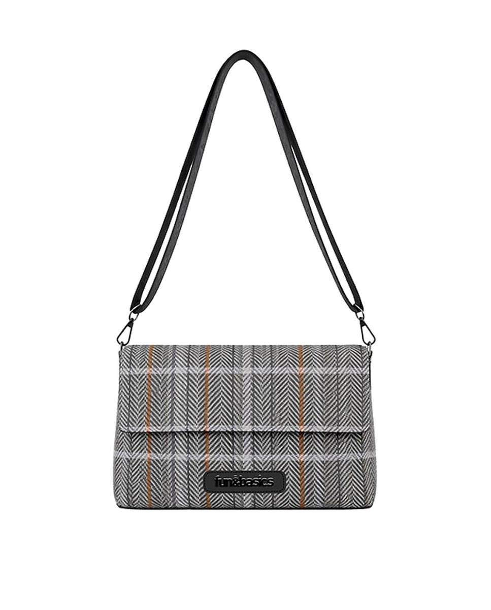 Bolso bandolera en tejido tartán negro, cierre con solapa