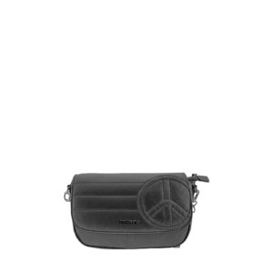 Bolso bandolera negro con diseño acolchado, cierre con solapa